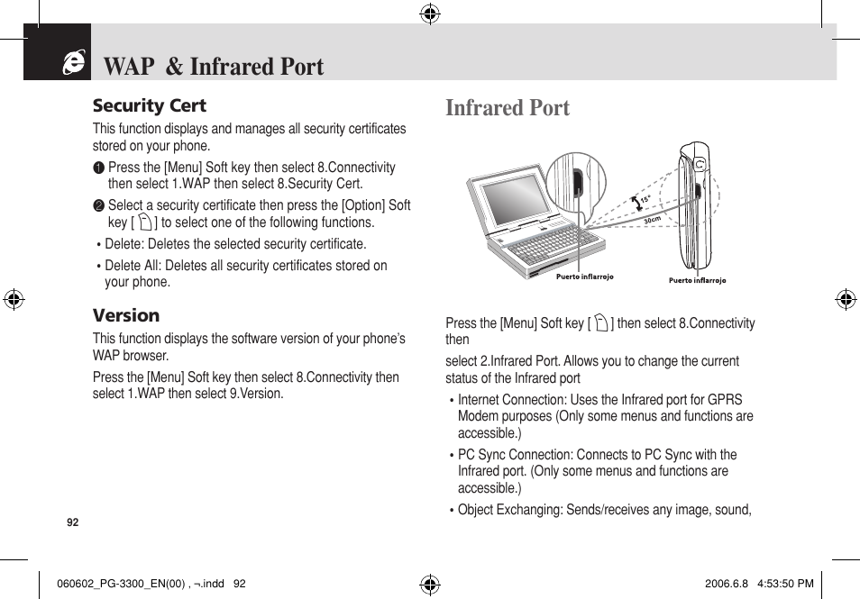 Wap & infrared port, Infrared port | Pantech PG-3300 User Manual | Page 93 / 105