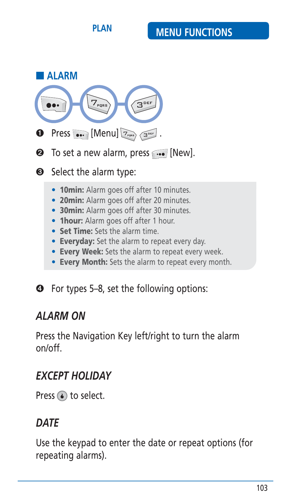 Alarm on, Except holiday, Date | Menu functions, Alarm | Pantech HERO Cell phone User Manual | Page 103 / 158