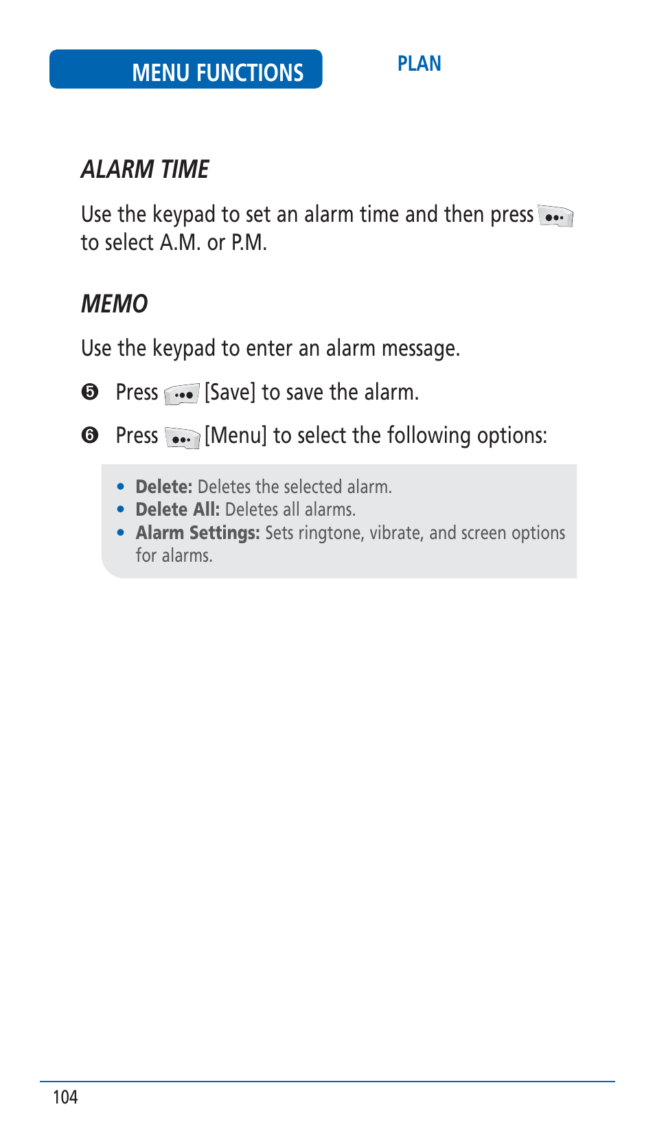 Alarm time, Menu functions | Pantech HERO Cell phone User Manual | Page 104 / 158