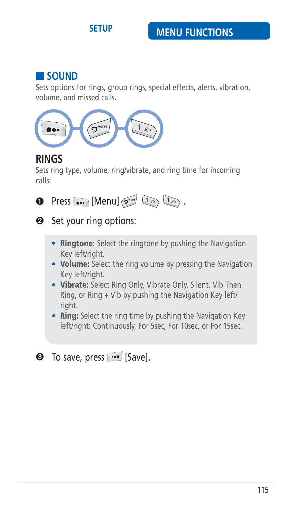 Rings, Menu functions, Sound | Pantech HERO Cell phone User Manual | Page 115 / 158