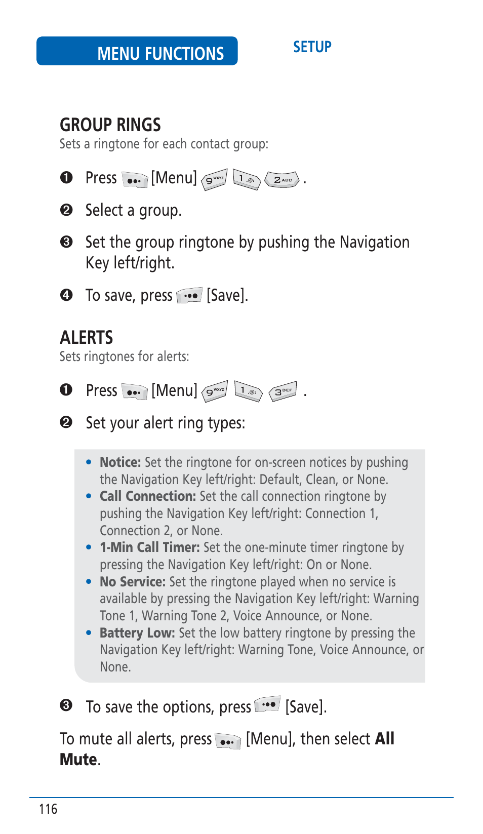 Group rings, Alerts, Menu functions | Pantech HERO Cell phone User Manual | Page 116 / 158