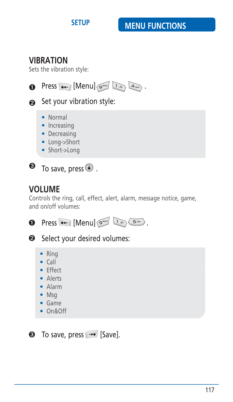 Vibration, Volume, Menu functions | Pantech HERO Cell phone User Manual | Page 117 / 158