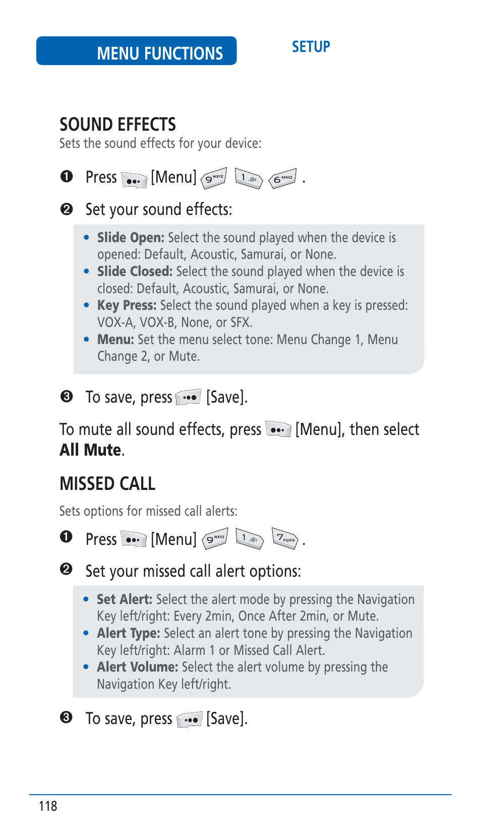 Sound effects, Missed call, Menu functions | Pantech HERO Cell phone User Manual | Page 118 / 158