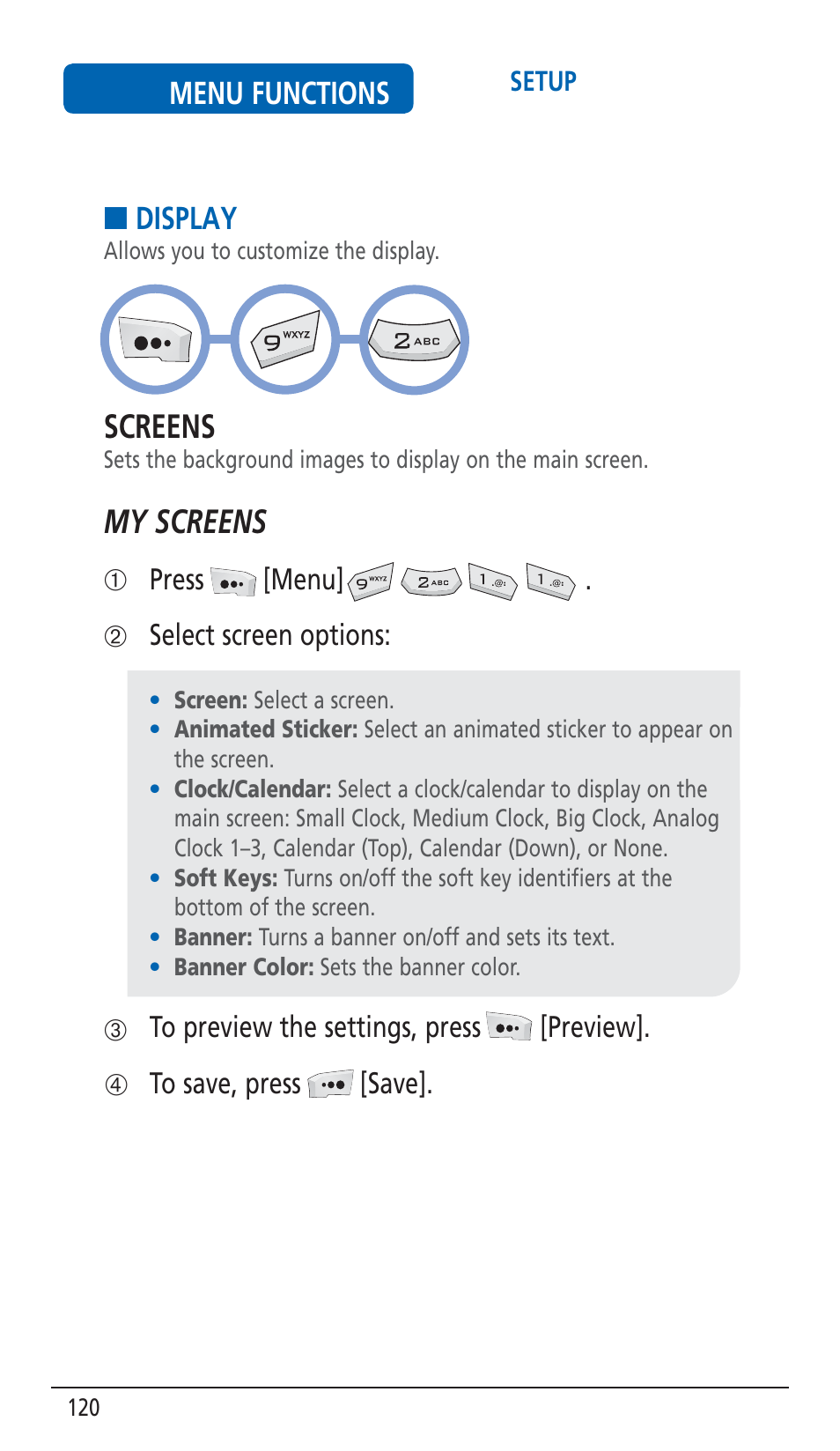 Screens, My screens, Display | Menu functions | Pantech HERO Cell phone User Manual | Page 120 / 158