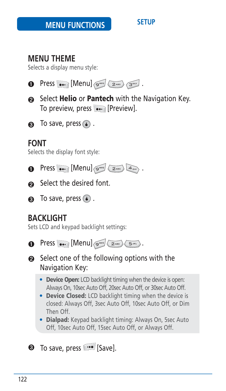 Menu theme, Font, Backlight | Pantech HERO Cell phone User Manual | Page 122 / 158
