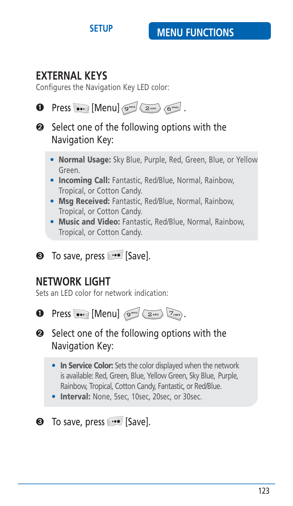 External keys, Network light, Menu functions | Pantech HERO Cell phone User Manual | Page 123 / 158