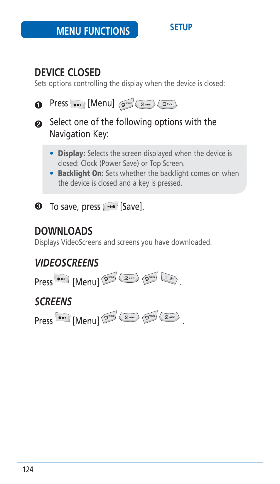 Device closed, Downloads, Videoscreens | Screens | Pantech HERO Cell phone User Manual | Page 124 / 158