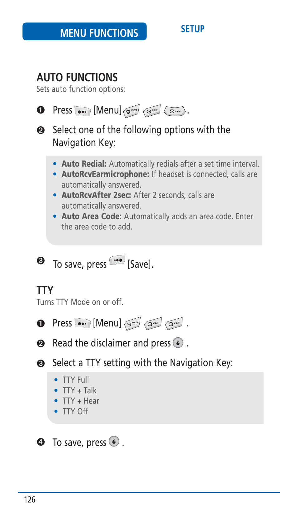 Auto functions, Menu functions | Pantech HERO Cell phone User Manual | Page 126 / 158