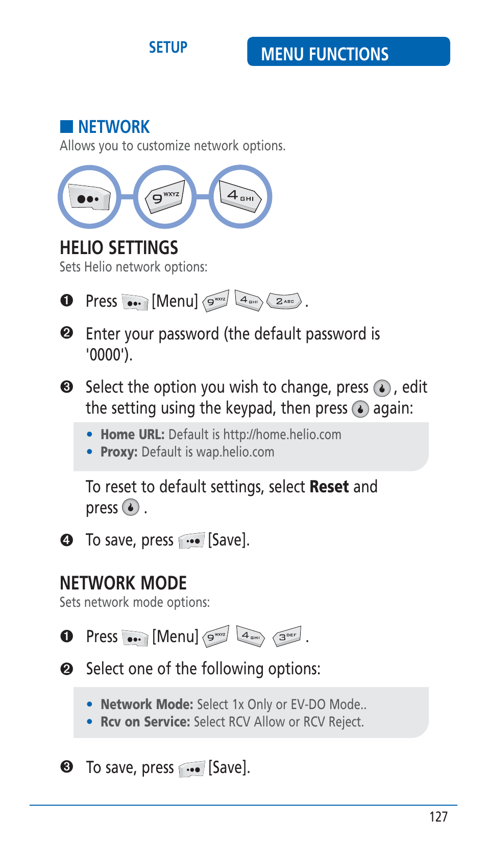 Helio settings, Network mode | Pantech HERO Cell phone User Manual | Page 127 / 158