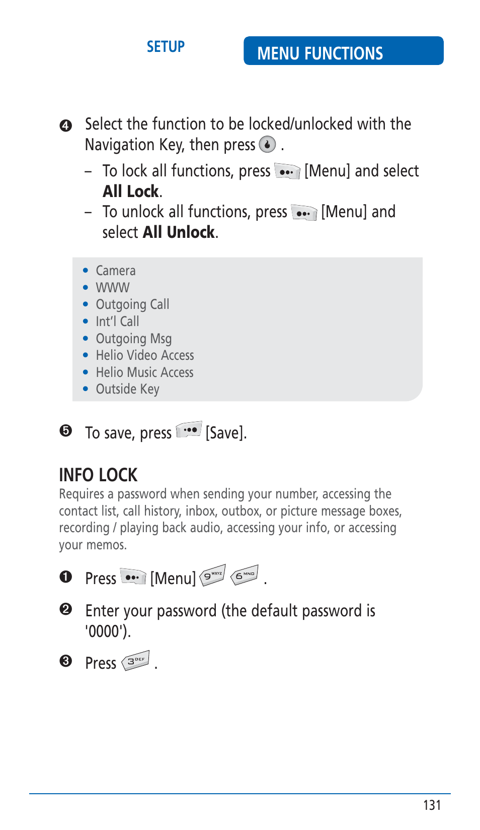 Info lock, Menu functions | Pantech HERO Cell phone User Manual | Page 131 / 158