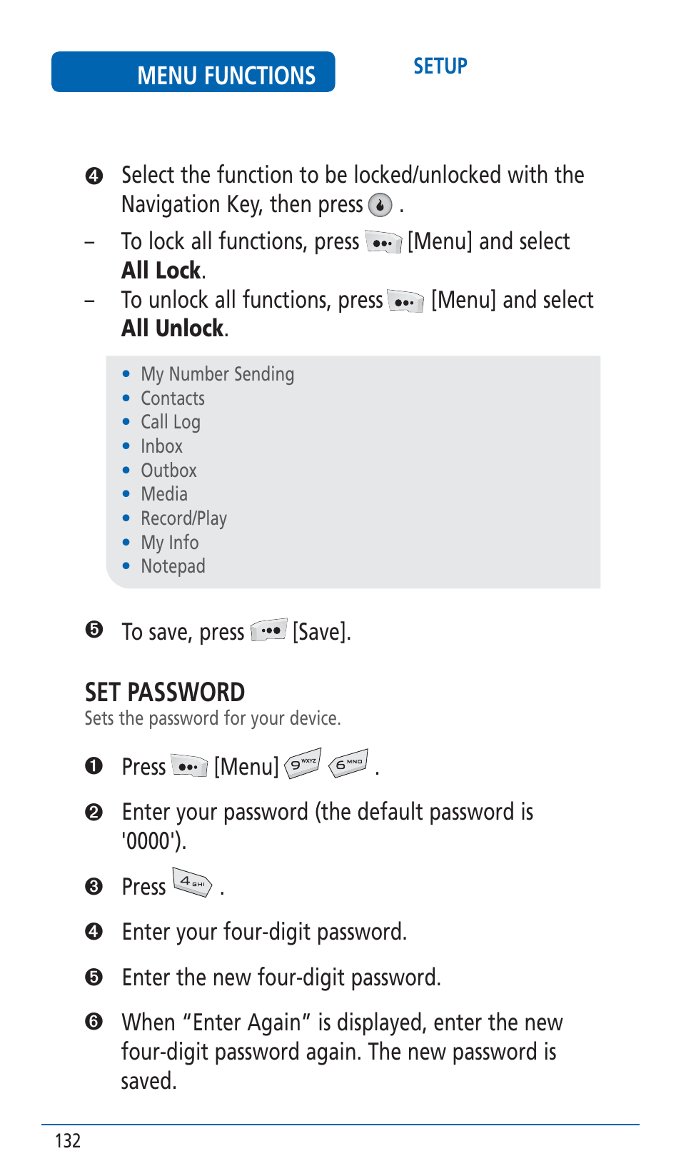 Set password, Menu functions | Pantech HERO Cell phone User Manual | Page 132 / 158