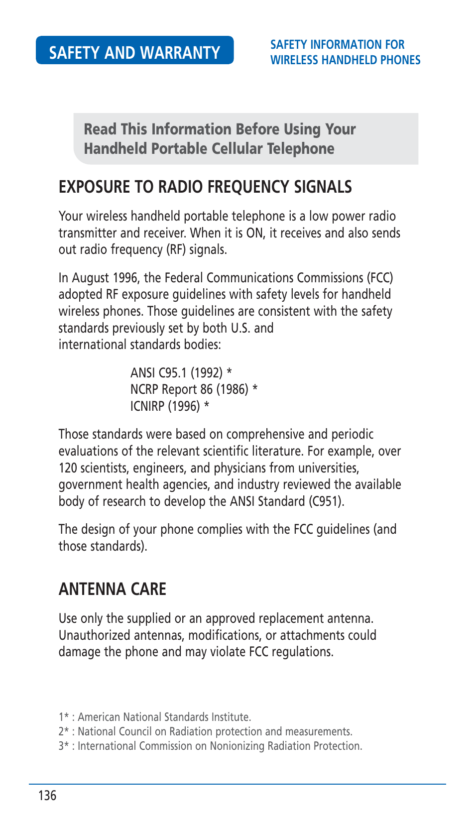 Safety and warranty, Exposure to radio frequency signals, Antenna care | Pantech HERO Cell phone User Manual | Page 136 / 158