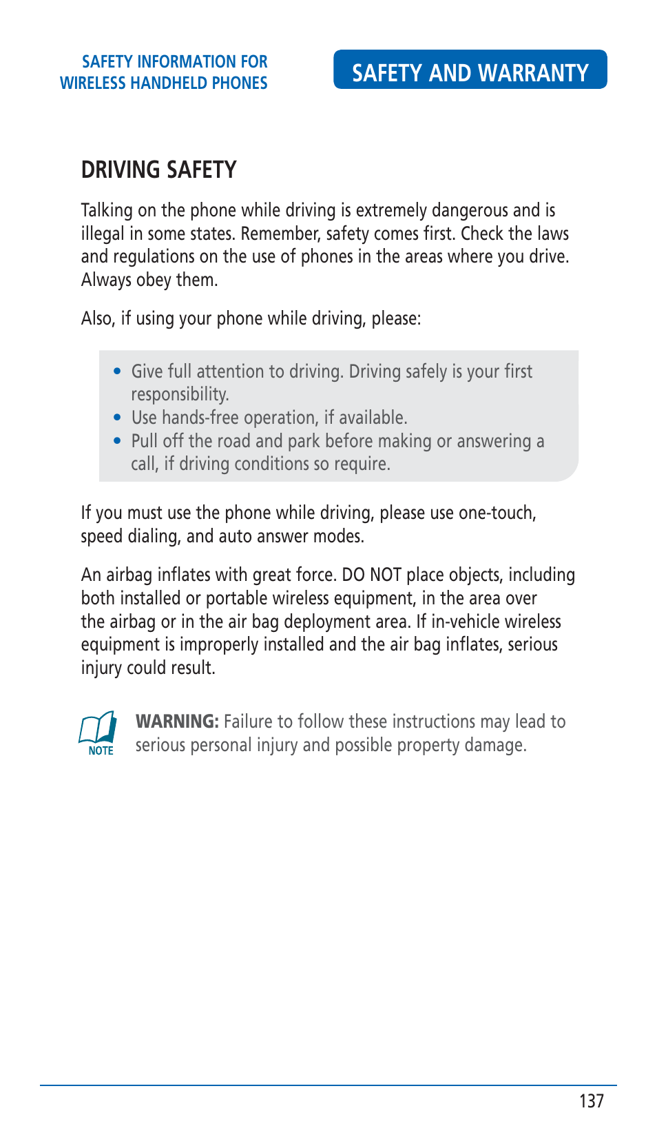 Safety and warranty driving safety | Pantech HERO Cell phone User Manual | Page 137 / 158