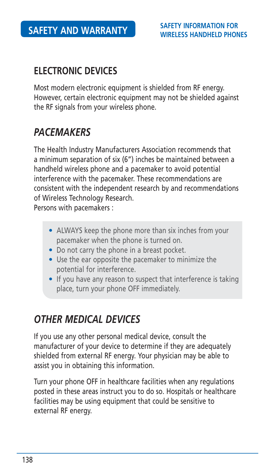 Pacemakers, Other medical devices, Safety and warranty | Electronic devices | Pantech HERO Cell phone User Manual | Page 138 / 158