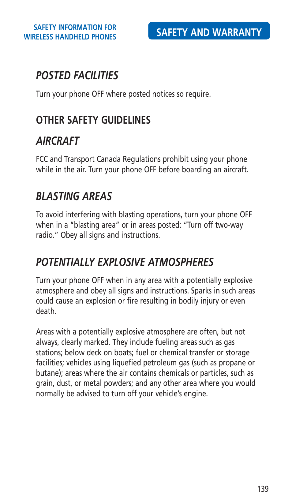 Posted facilities, Aircraft, Blasting areas | Potentially explosive atmospheres, Safety and warranty, Other safety guidelines | Pantech HERO Cell phone User Manual | Page 139 / 158