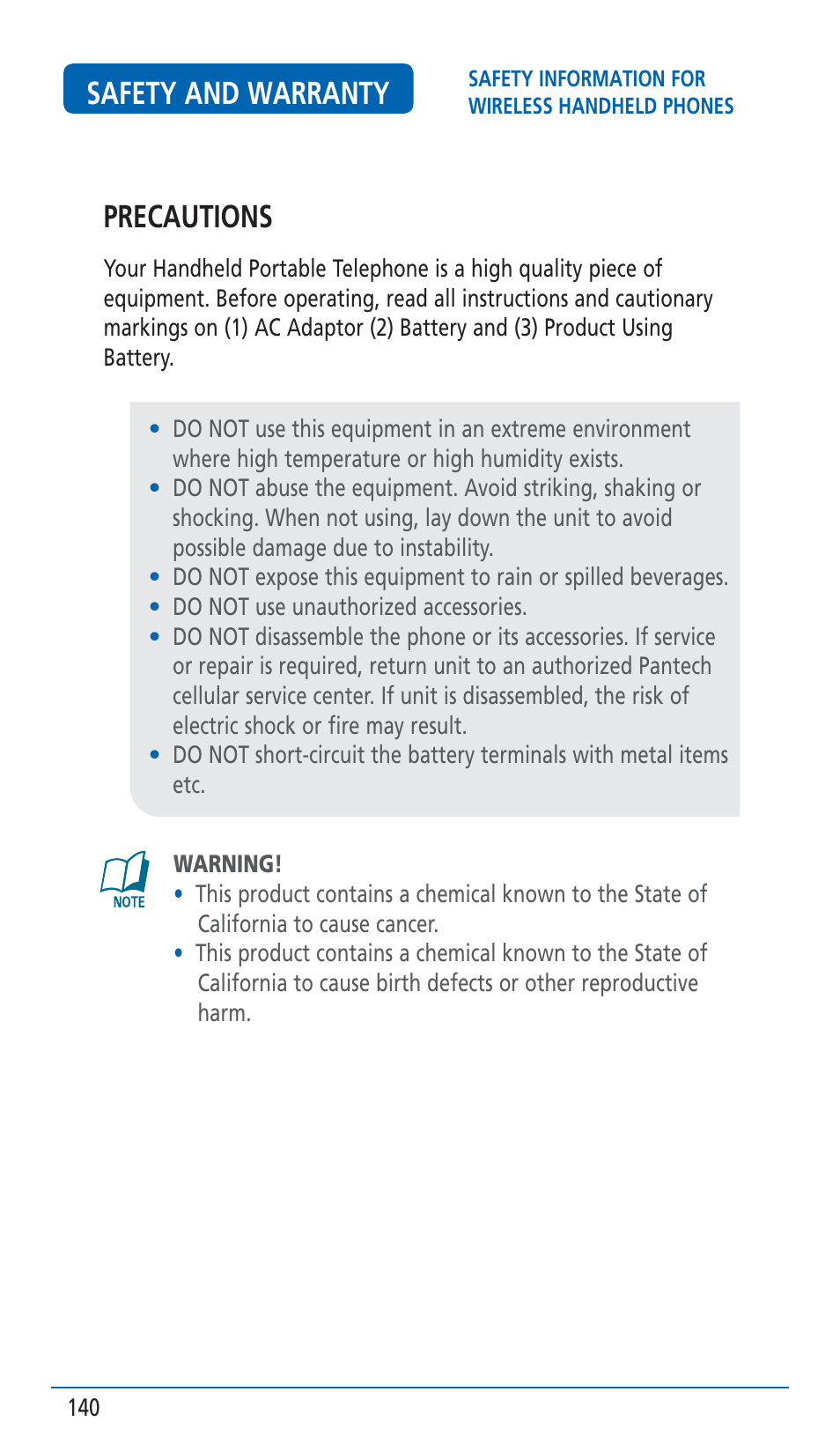 Safety and warranty, Precautions | Pantech HERO Cell phone User Manual | Page 140 / 158