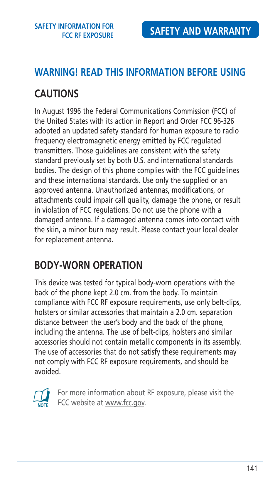 Cautions, Body-worn operation | Pantech HERO Cell phone User Manual | Page 141 / 158