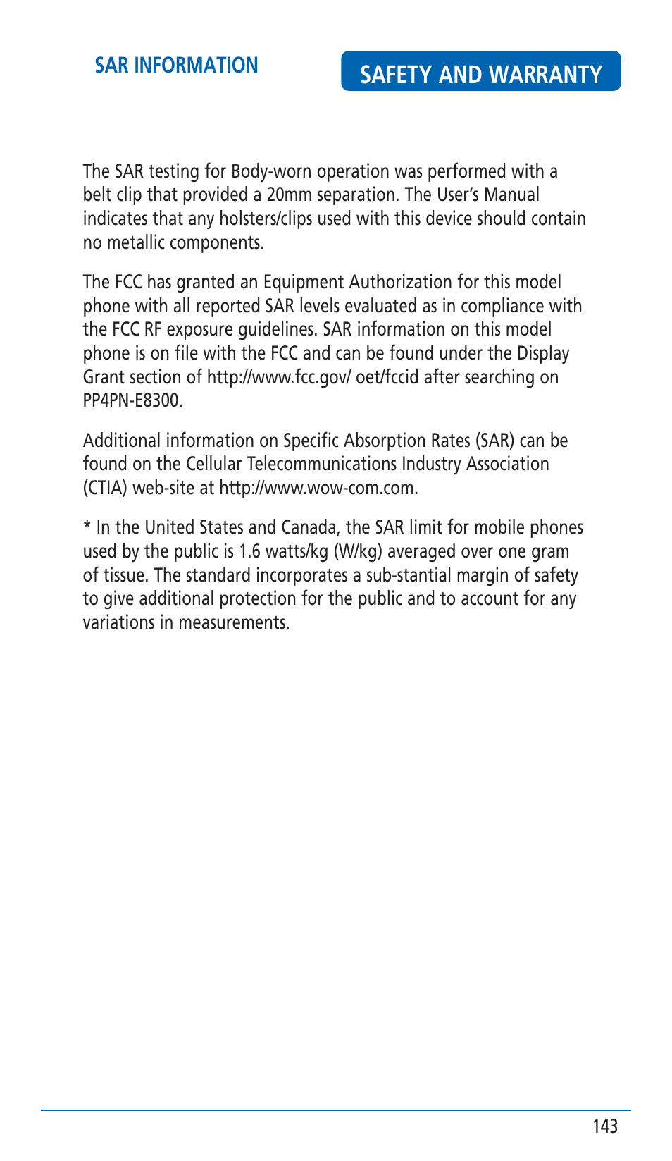 Safety and warranty | Pantech HERO Cell phone User Manual | Page 143 / 158