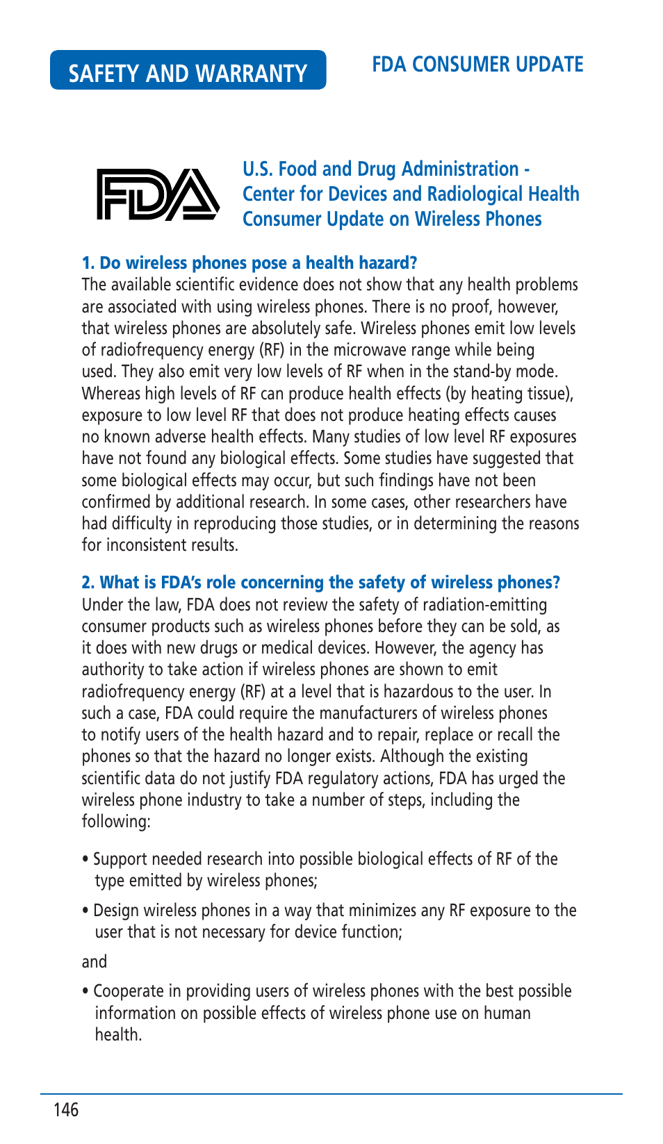 Safety and warranty, Fda consumer update | Pantech HERO Cell phone User Manual | Page 146 / 158