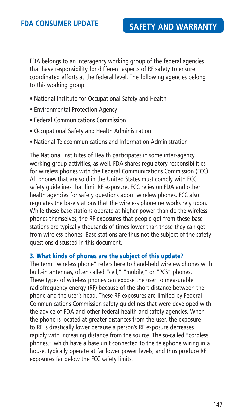 Safety and warranty, Fda consumer update | Pantech HERO Cell phone User Manual | Page 147 / 158