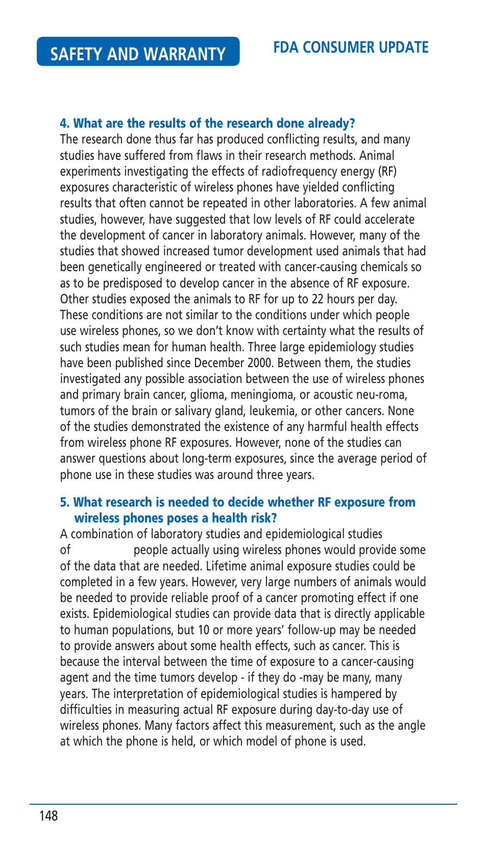 Safety and warranty, Fda consumer update | Pantech HERO Cell phone User Manual | Page 148 / 158