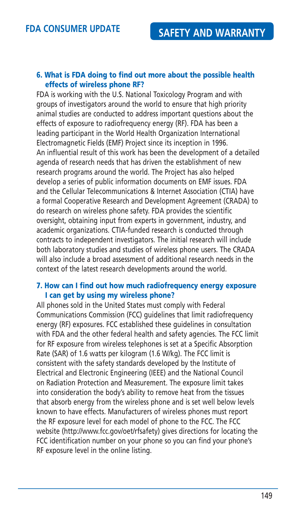 Safety and warranty, Fda consumer update | Pantech HERO Cell phone User Manual | Page 149 / 158