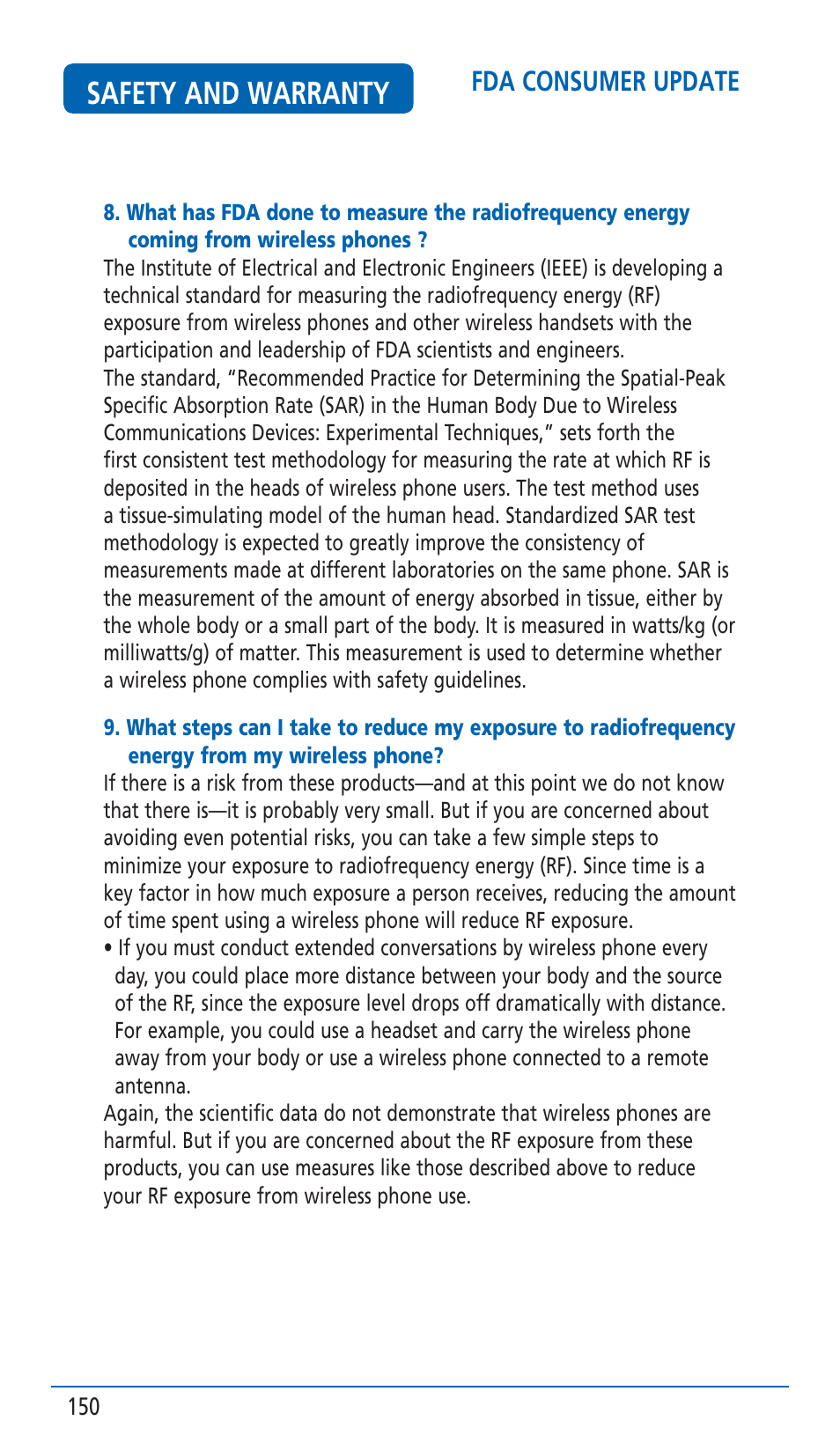 Safety and warranty, Fda consumer update | Pantech HERO Cell phone User Manual | Page 150 / 158