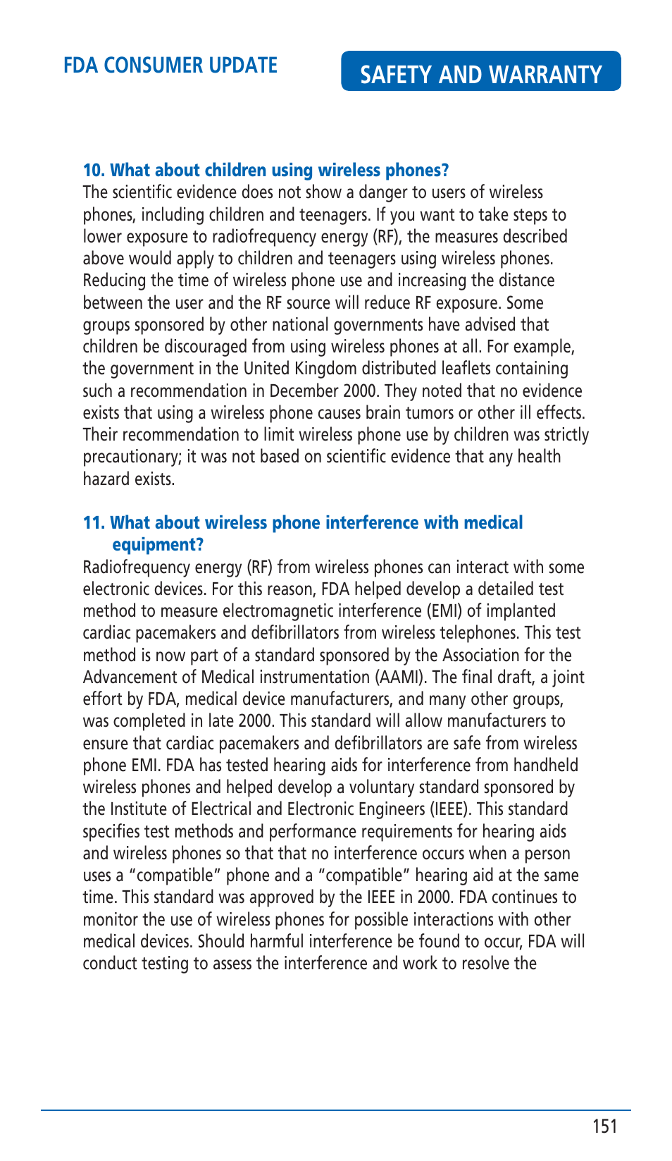 Safety and warranty, Fda consumer update | Pantech HERO Cell phone User Manual | Page 151 / 158