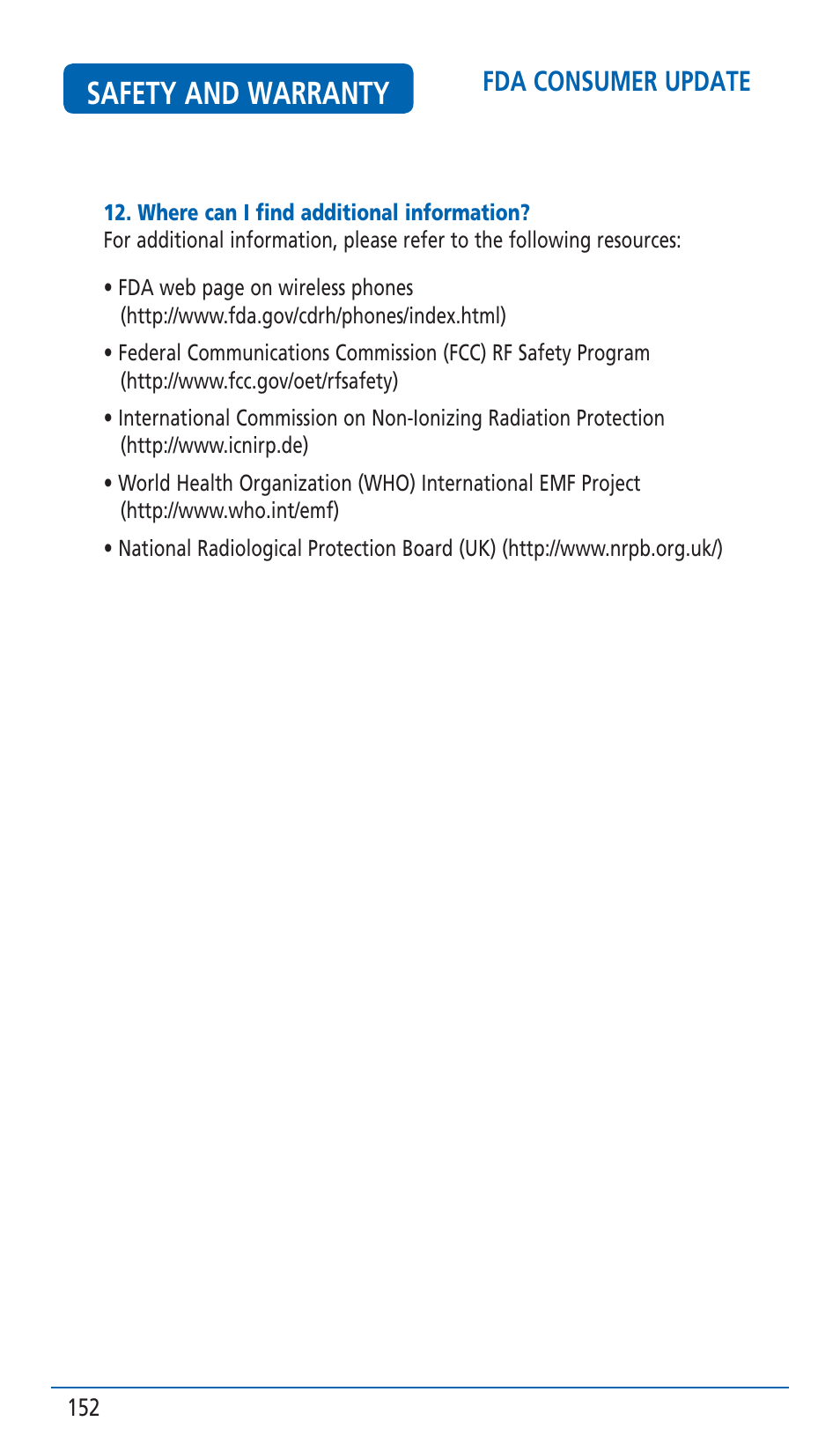 Safety and warranty, Fda consumer update | Pantech HERO Cell phone User Manual | Page 152 / 158