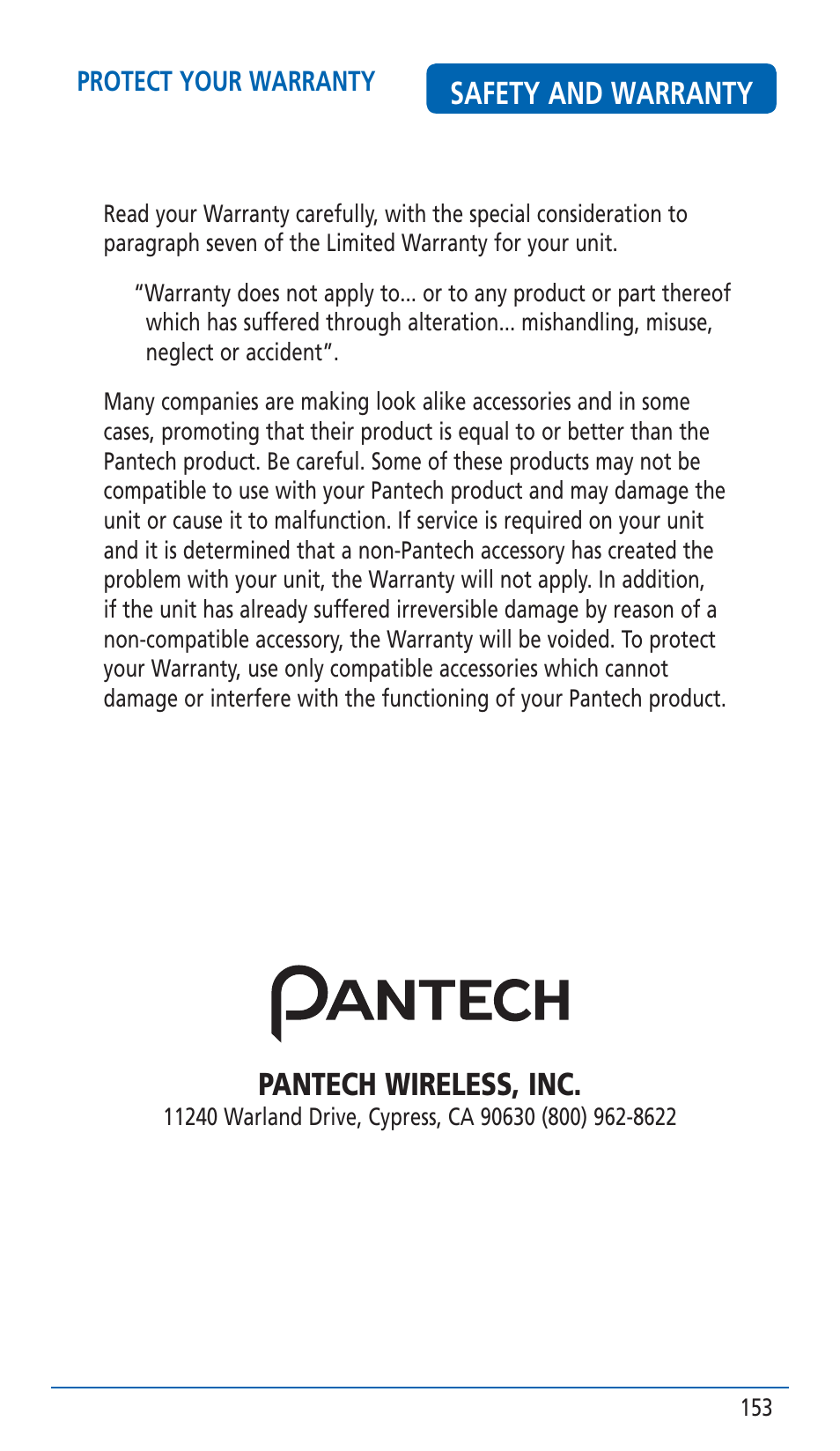 Safety and warranty, Pantech wireless, inc | Pantech HERO Cell phone User Manual | Page 153 / 158