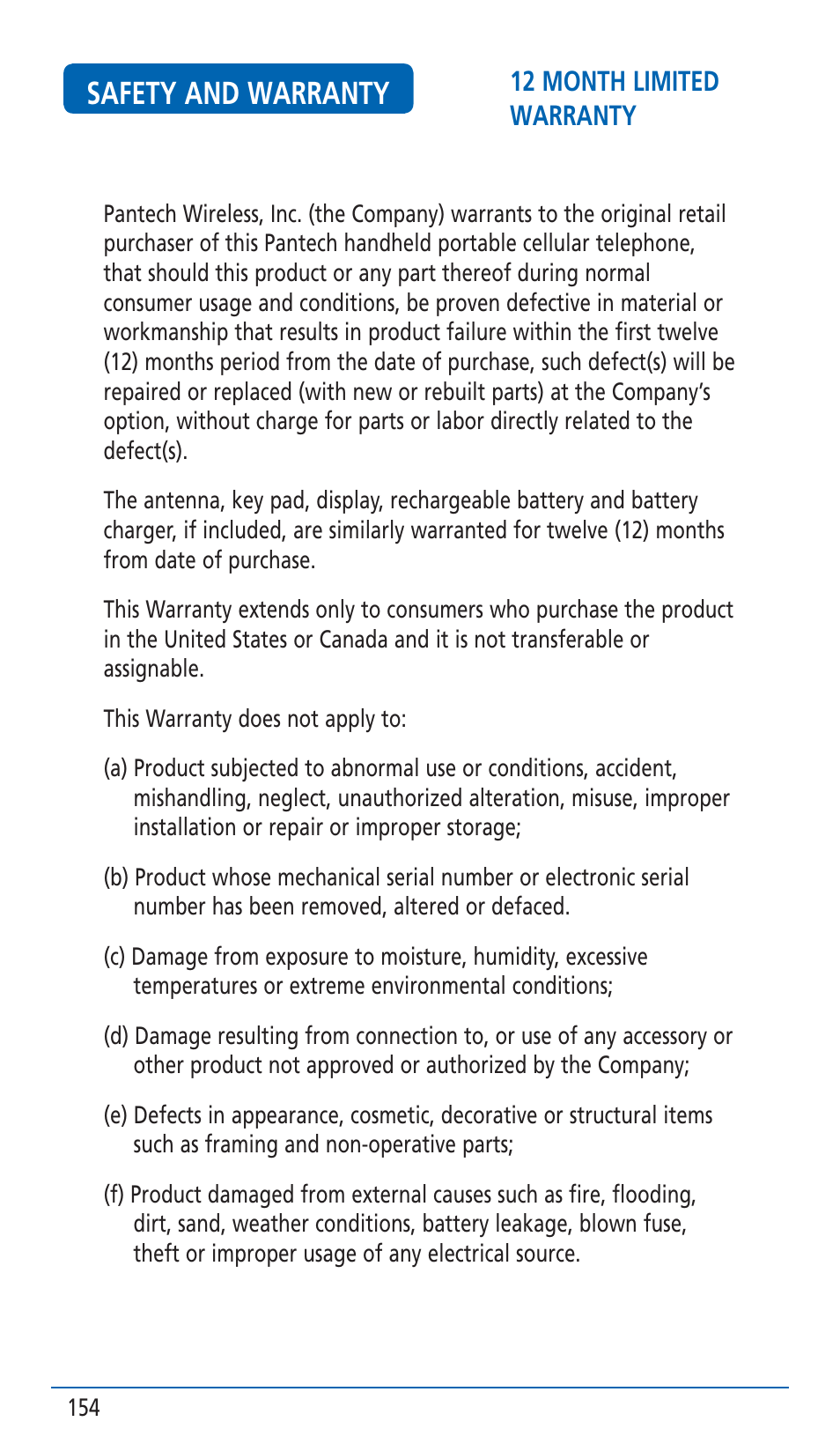 Safety and warranty | Pantech HERO Cell phone User Manual | Page 154 / 158