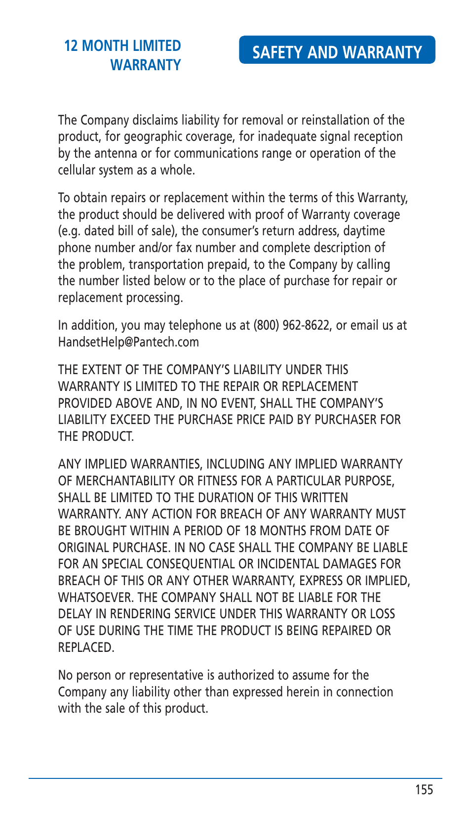 Safety and warranty | Pantech HERO Cell phone User Manual | Page 155 / 158