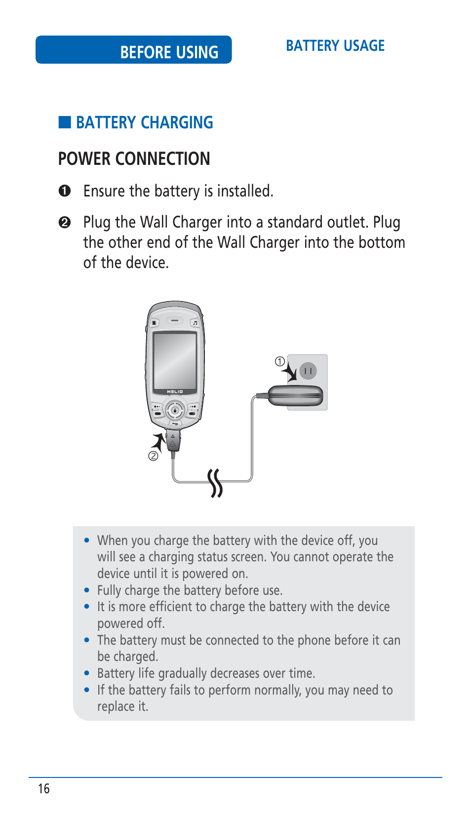 Power connection, Before using, Battery charging | Pantech HERO Cell phone User Manual | Page 16 / 158