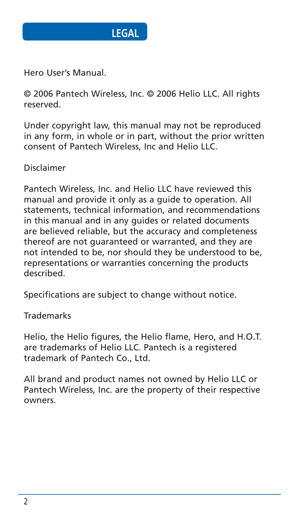 Legal | Pantech HERO Cell phone User Manual | Page 2 / 158