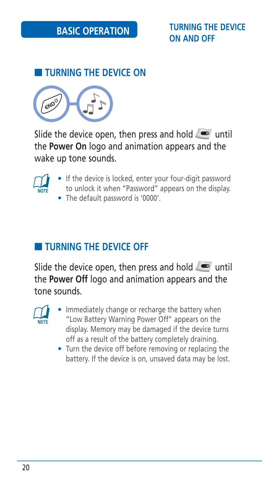 Basic operation, Turning the device on, Turning the device off | Pantech HERO Cell phone User Manual | Page 20 / 158