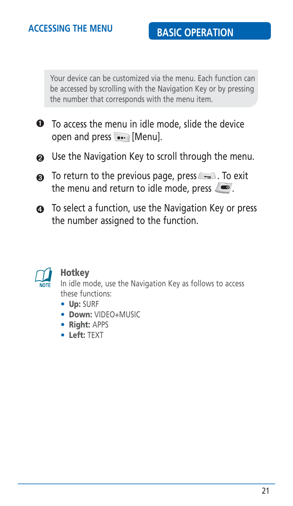 Basic operation | Pantech HERO Cell phone User Manual | Page 21 / 158