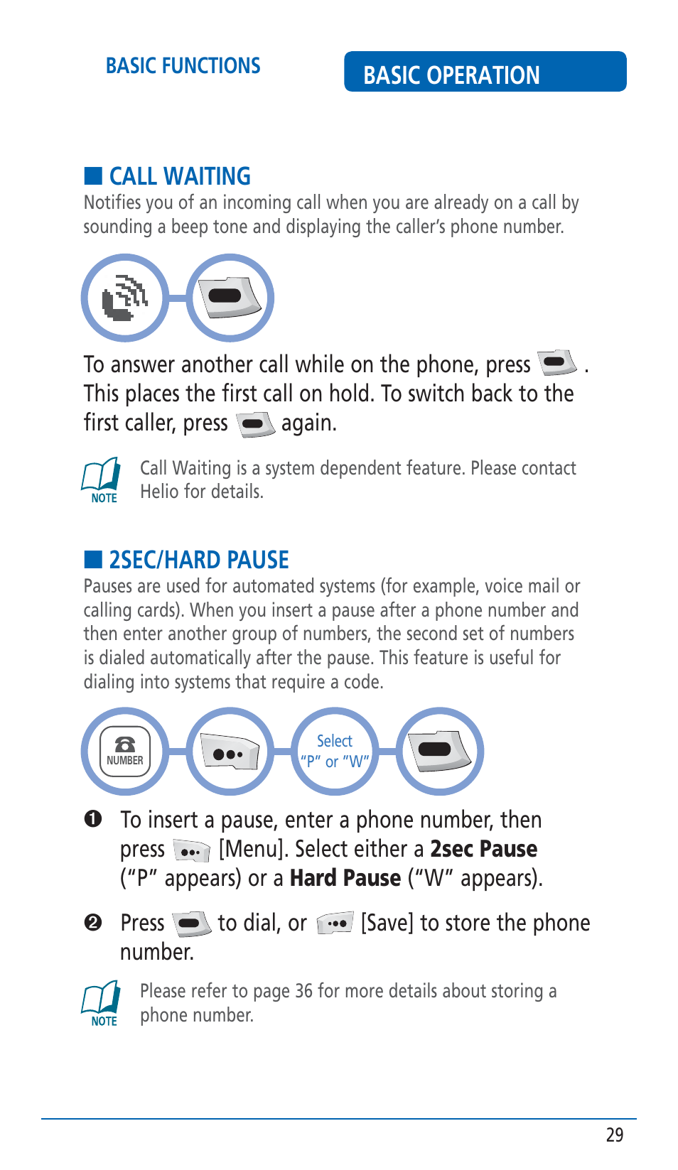 Basic operation, Call waiting, 2sec/hard pause | Pantech HERO Cell phone User Manual | Page 29 / 158