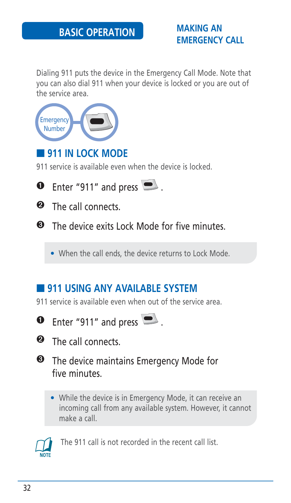 911 in lock mode, 911 using any available system, Basic operation | Pantech HERO Cell phone User Manual | Page 32 / 158