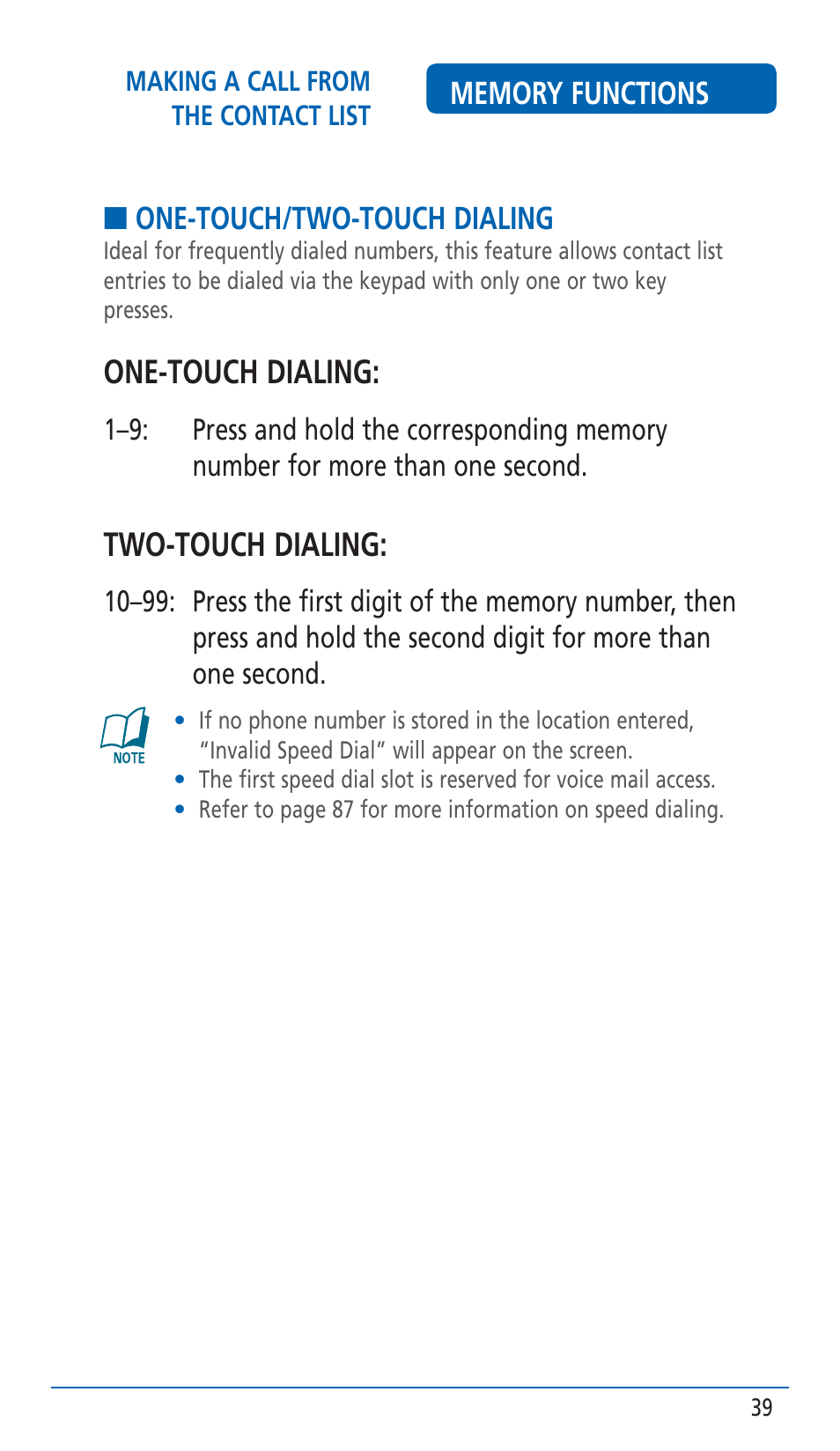 One-touch dialing, Two-touch dialing | Pantech HERO Cell phone User Manual | Page 39 / 158