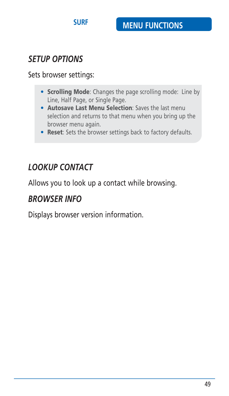 Setup options, Lookup contact, Browser info | Menu functions | Pantech HERO Cell phone User Manual | Page 49 / 158