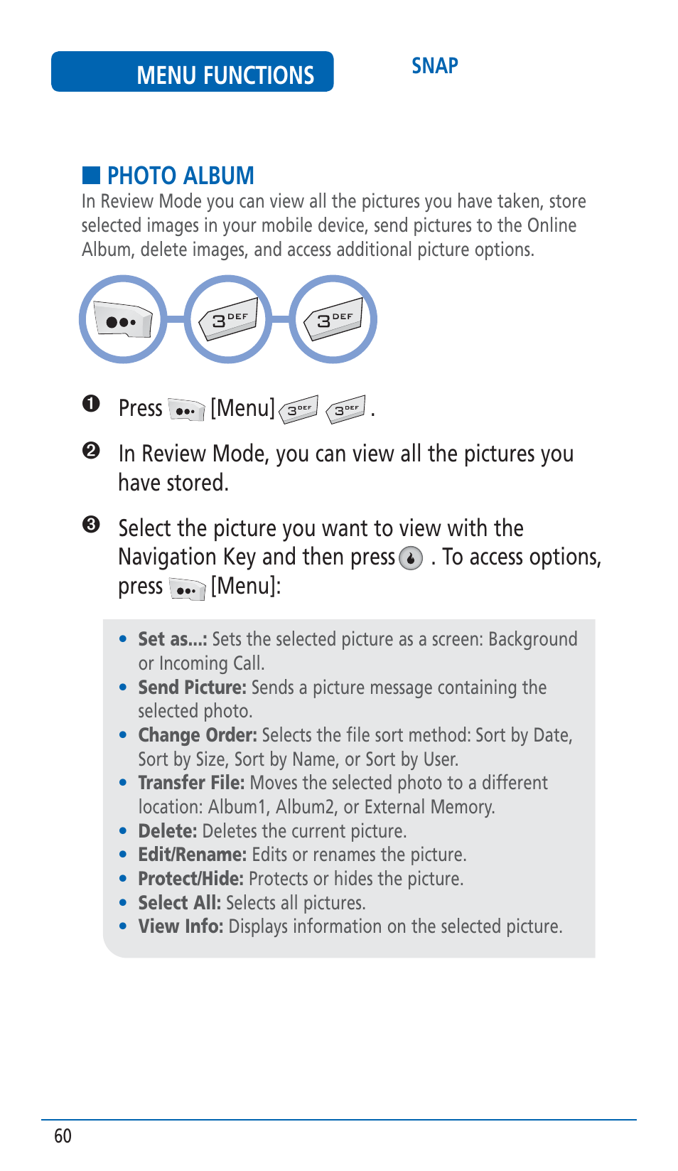 Menu functions, Photo album | Pantech HERO Cell phone User Manual | Page 60 / 158