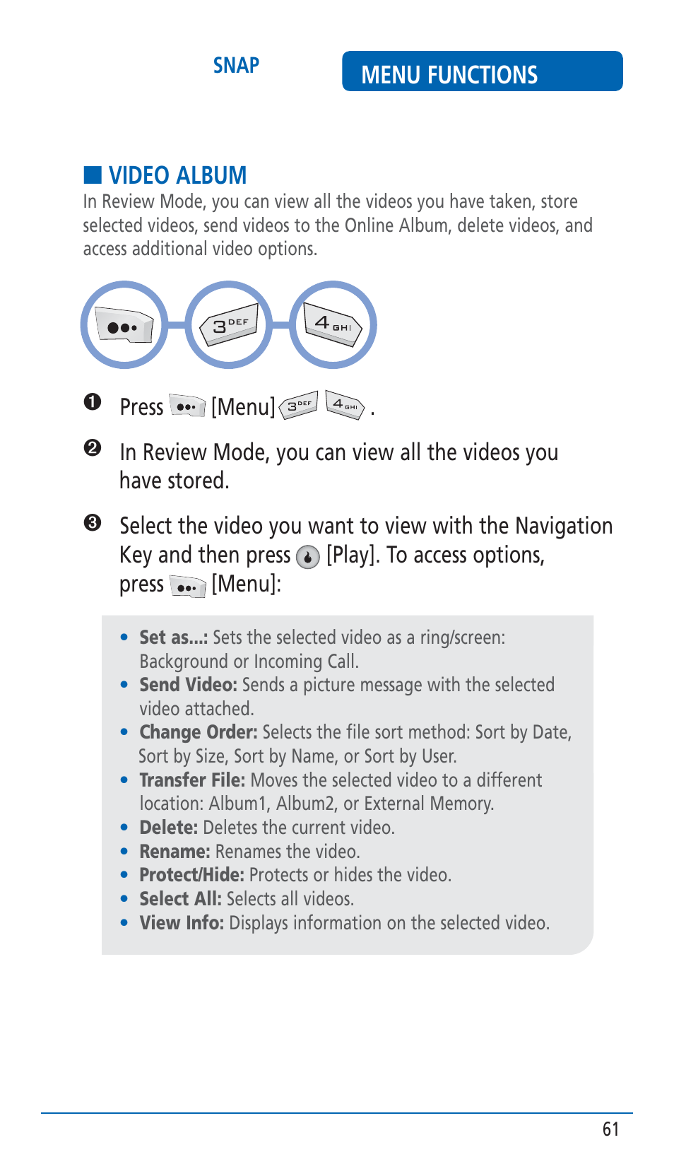 Menu functions, Video album | Pantech HERO Cell phone User Manual | Page 61 / 158