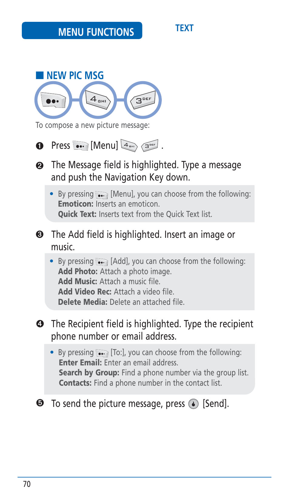 New pic msg, Menu functions | Pantech HERO Cell phone User Manual | Page 70 / 158