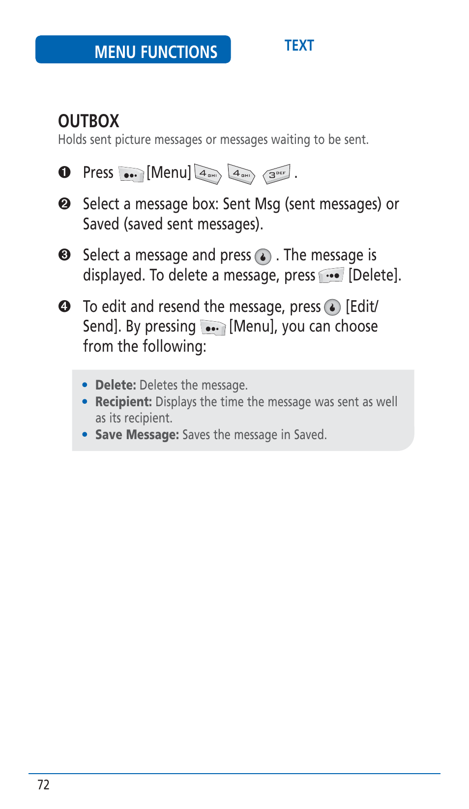 Outbox, Menu functions | Pantech HERO Cell phone User Manual | Page 72 / 158