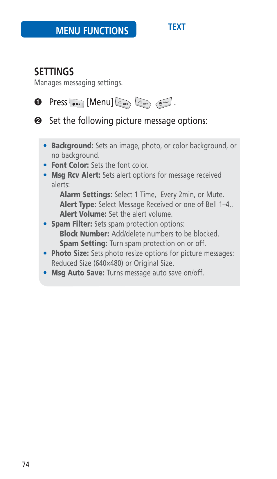 Settings, Menu functions | Pantech HERO Cell phone User Manual | Page 74 / 158