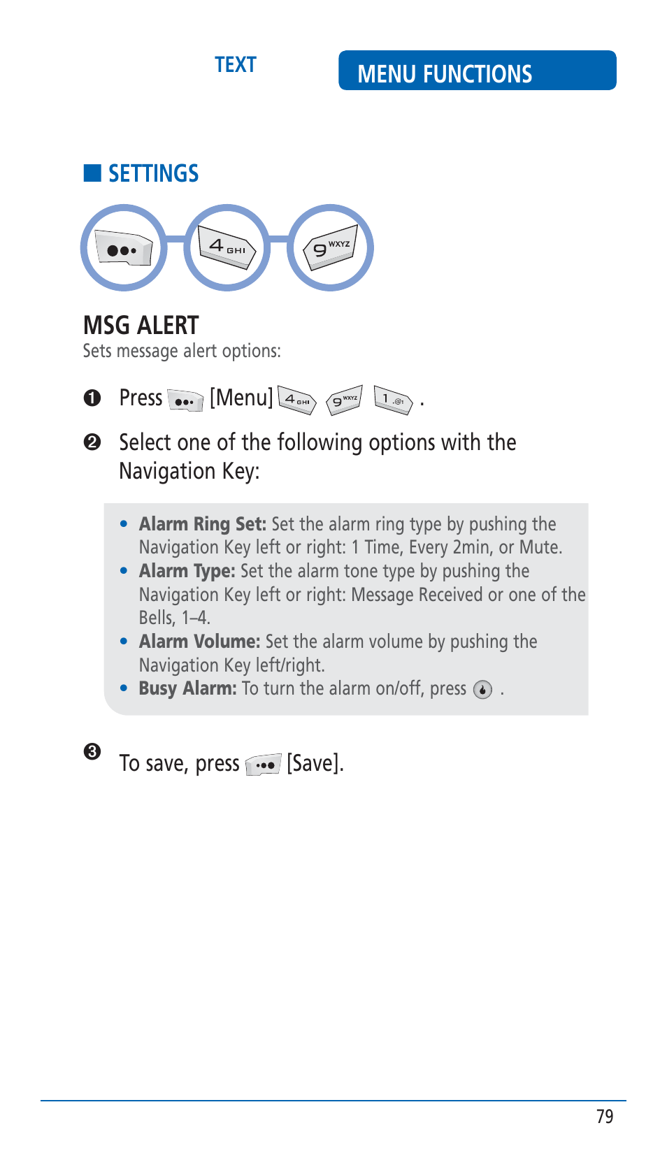 Msg alert, Menu functions ■ settings | Pantech HERO Cell phone User Manual | Page 79 / 158