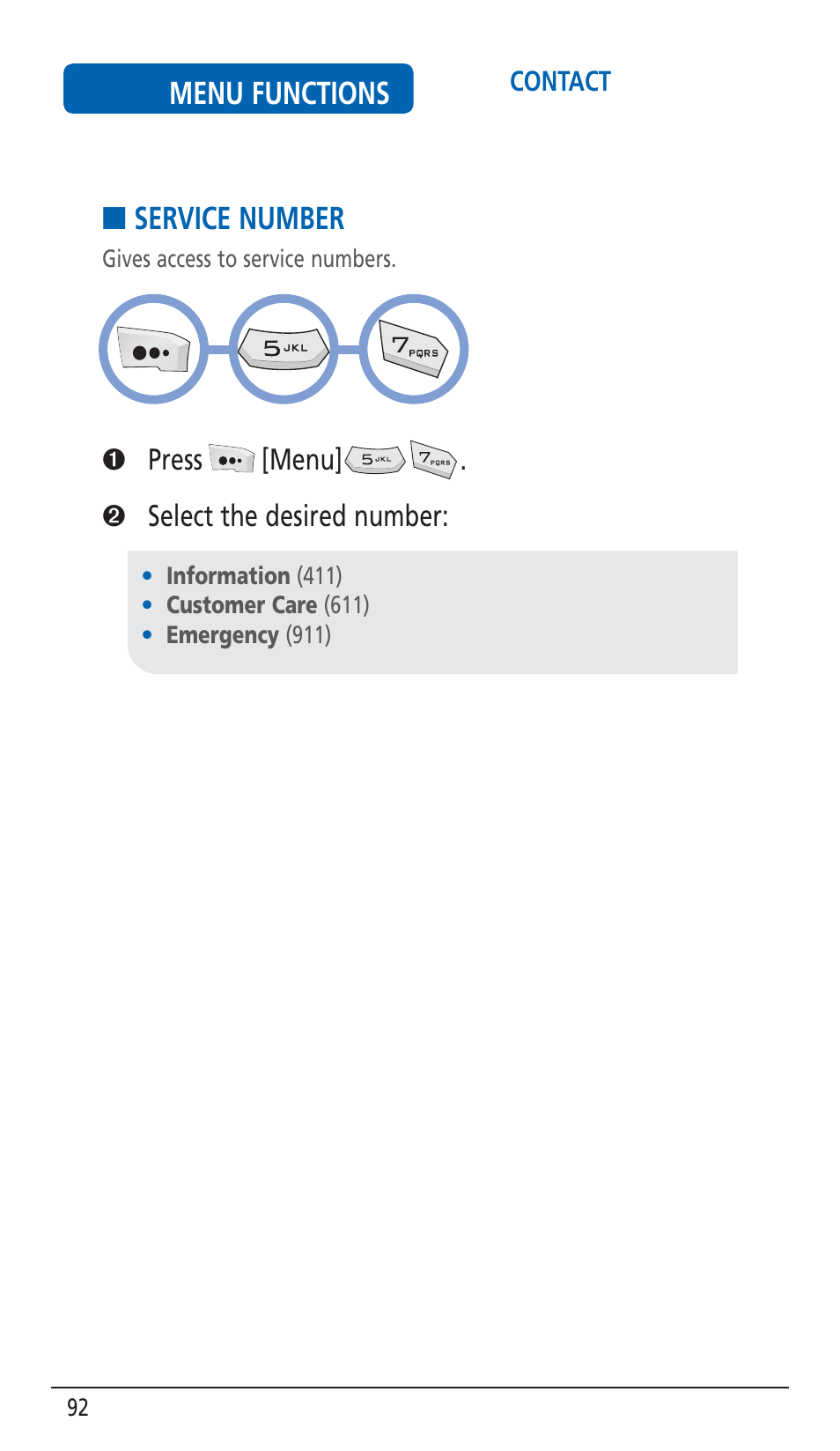 Menu functions, Service number | Pantech HERO Cell phone User Manual | Page 92 / 158