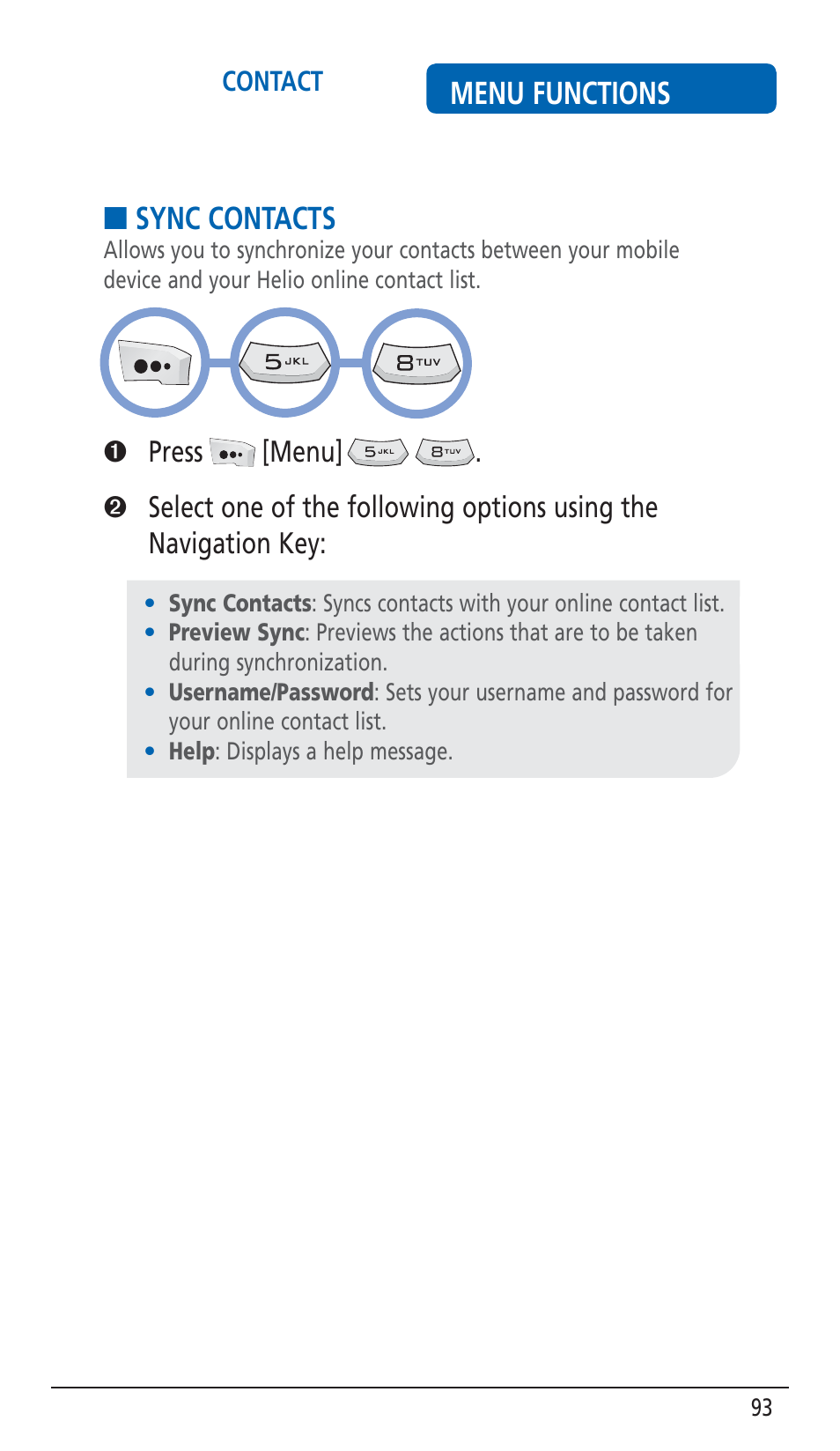 Menu functions, Sync contacts | Pantech HERO Cell phone User Manual | Page 93 / 158