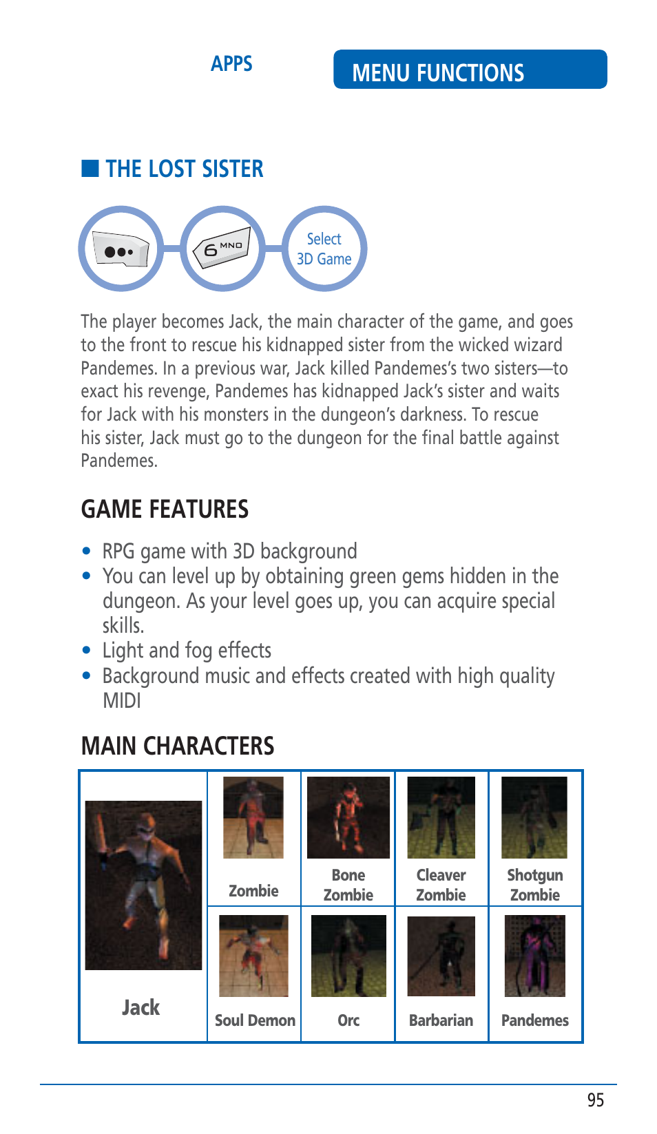 Game features, Main characters, The lost sister | Menu functions | Pantech HERO Cell phone User Manual | Page 95 / 158