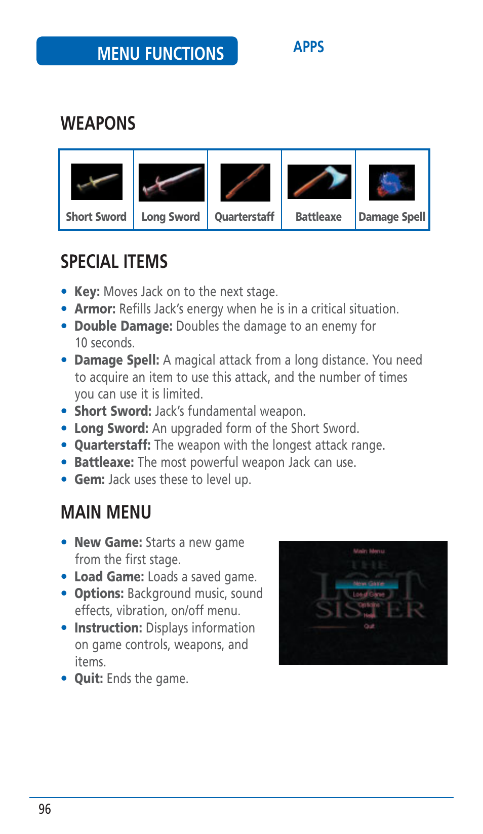 Weapons special items, Main menu, Menu functions | Pantech HERO Cell phone User Manual | Page 96 / 158